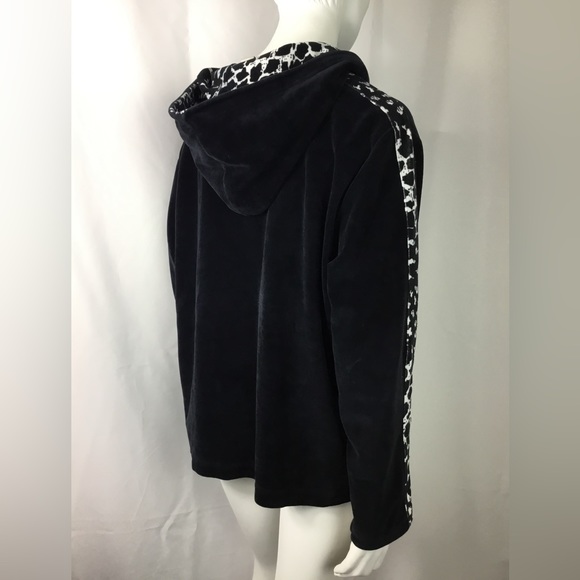 Black Velour Sweat Track Sweater Hooded Animal Print Side Stripe Women’s Size L - Picture 4 of 6